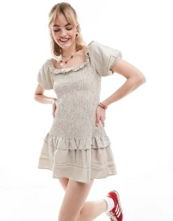 Glamorous Shirred Ruffle Mini Dress In Stone For Women