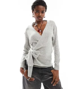 Glamorous Wrap Front Jumper In Grey Marl Knit For Women Light Grey