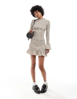 Glamorous Long Sleeve Shirred Mini Dress In Beige Black Check For Women -Glamorous Shop 206699414 4