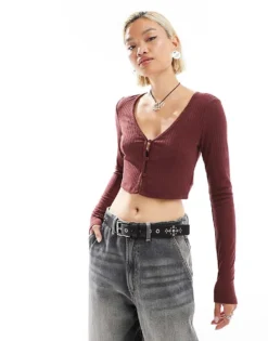 Glamorous Cable Knit Crop Fitted Cardigan In Brown For Women Mahogany -Glamorous Shop 206699427 1 mahogany 1