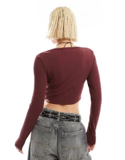 Glamorous Cable Knit Crop Fitted Cardigan In Brown For Women Mahogany -Glamorous Shop 206699427 4