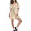 Glamorous Square Neck Mini Smock Dress In Beige Check For Women Beige Cream Check