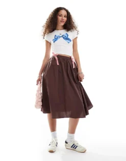 Glamorous A Line Skirt In Brown With Pink Velvet Bow Ties For Women -Glamorous Shop 206699467 1 brown 1