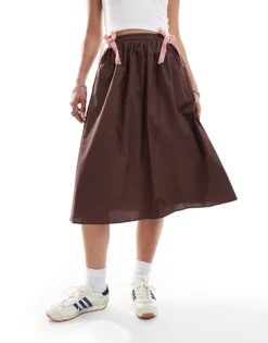 Glamorous A Line Skirt In Brown With Pink Velvet Bow Ties For Women -Glamorous Shop 206699467 4