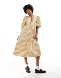 Glamorous Smock Midi Dress With Bow Front In Beige Brown Stripe For Women -Glamorous Shop 206699480 1 beigebrownstripe 1