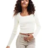 Glamorous Square Neck Lightweight Rib Knit Jumper Cream For Women