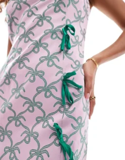 Glamorous Fitted High Neck Dress With Contrast Bows In Pink Green Print For Women Pink Green Bow -Glamorous Shop 206699518 3