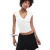 Glamorous V Neck Pointelle Fitted T-shirt With Bow For Women White Pointelle