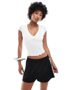 Glamorous V Neck Pointelle Fitted T-shirt With Bow For Women White Pointelle