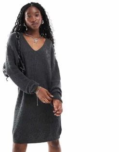 Glamorous Collar Detail Oversized Jumper Dress In Charcoal Marl Knit For Women