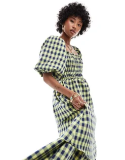 Glamorous Square Neck Tierred Maxi Dress In Blue Yellow Check For Women Yellow Blue Check -Glamorous Shop 206699558 3