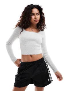 Glamorous Square Neck Lightweight Rib Knit Jumper Grey Marl For Women