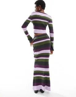 Glamorous Maxi Bodycon Skirt In Purple Green Stripe Knit Co-ord For Women Green Purple Stripe -Glamorous Shop 206699585 4