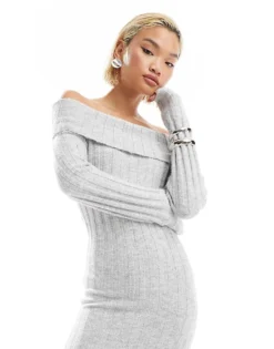 Glamorous Off Shoulder Bodycon Maxi Knitted Dress In Grey Marl For Women -Glamorous Shop 206699597 1 greymarl 1
