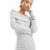 Glamorous Off Shoulder Bodycon Maxi Knitted Dress In Grey Marl For Women