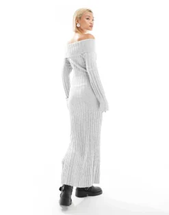 Glamorous Off Shoulder Bodycon Maxi Knitted Dress In Grey Marl For Women -Glamorous Shop 206699597 3