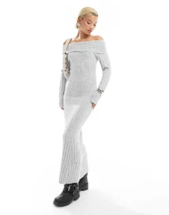 Glamorous Off Shoulder Bodycon Maxi Knitted Dress In Grey Marl For Women -Glamorous Shop 206699597 4