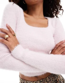 Glamorous Square Neck Lightweight Rib Knit Jumper Baby Pink For Women Icy Pink -Glamorous Shop 206699649 4