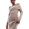 Glamorous Off Shoulder Rib Knit Jumper In Taupe Co-ord For Women