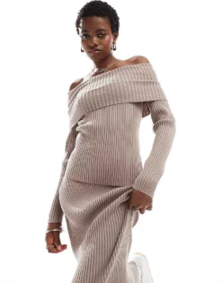 Glamorous Off Shoulder Rib Knit Jumper In Taupe Co-ord For Women