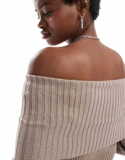 Glamorous Off Shoulder Rib Knit Jumper In Taupe Co-ord For Women -Glamorous Shop 206699675 3