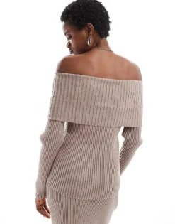 Glamorous Off Shoulder Rib Knit Jumper In Taupe Co-ord For Women -Glamorous Shop 206699675 4