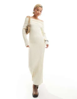 Glamorous Off Shoulder Bodycon Maxi Knitted Dress In Cream For Women