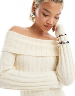 Glamorous Off Shoulder Bodycon Maxi Knitted Dress In Cream For Women -Glamorous Shop 206699701 3