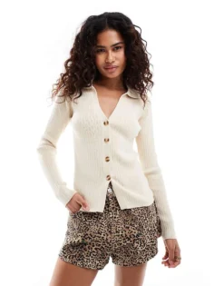 Glamorous Rib Knit Button Front Cardigan In Stone For Women Light Stone