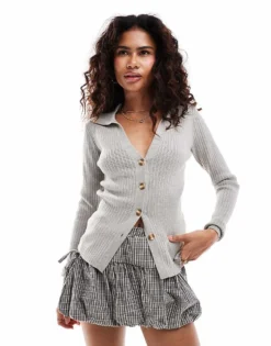 Glamorous Rib Knit Button Front Cardigan In Grey Marl For Women