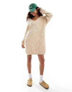 Glamorous Collar Detail Oversized Jumper Dress In Oatmeal For Women Oatmeal Melange