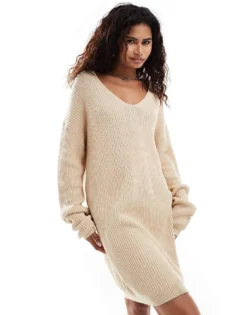 Glamorous Collar Detail Oversized Jumper Dress In Oatmeal For Women Oatmeal Melange -Glamorous Shop 206699753 3