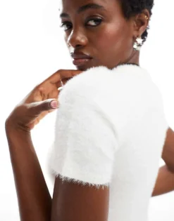 Glamorous Fluffy Short Sleeve Jumper Top In Cream For Women -Glamorous Shop 206699791 3