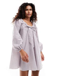 Glamorous Bow Tie Smock Mini Dress In Brown Purple Stripe For Women -Glamorous Shop 206699804 3