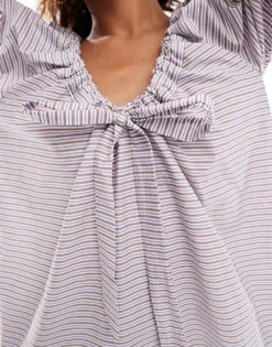 Glamorous Bow Tie Smock Mini Dress In Brown Purple Stripe For Women -Glamorous Shop 206699804 4