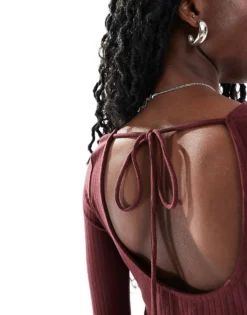 Glamorous Maxi Length Pointelle Knit Dress In Brown With Tie Back For Women Mahogany -Glamorous Shop 206726047 3