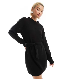 Glamorous Rib Knit Tie Waist Mini Knitted Dress In Black For Women
