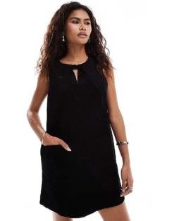 Glamorous Tie Front Smock Mini Dress In Black Corduroy For Women