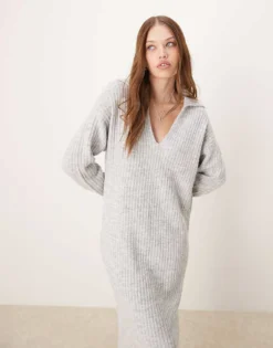 Glamorous V Neck Collar Detail Slouchy Maxi Dress In Knitted Grey Marl For Women