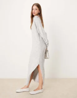 Glamorous V Neck Collar Detail Slouchy Maxi Dress In Knitted Grey Marl For Women -Glamorous Shop 206726147 3