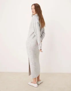 Glamorous V Neck Collar Detail Slouchy Maxi Dress In Knitted Grey Marl For Women -Glamorous Shop 206726147 4