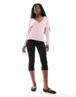 Glamorous Wrap Front Jumper In Baby Pink Knit For Women