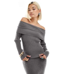 Glamorous Off Shoulder Rib Knit Jumper In Charcoal Co-ird For Women