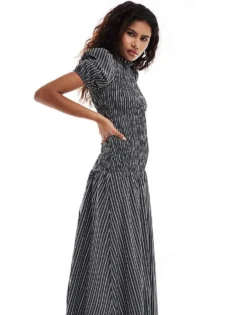 Glamorous Shirred High Neck Maxi Dress In Micro Black Stripe For Women