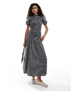 Glamorous Shirred High Neck Maxi Dress In Micro Black Stripe For Women -Glamorous Shop 206726223 3