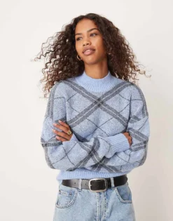 Glamorous High Neck Fitted Jumper In Blue Argyle Knit For Women Light Blue Check