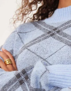 Glamorous High Neck Fitted Jumper In Blue Argyle Knit For Women Light Blue Check -Glamorous Shop 206726249 4