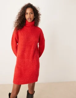 Glamorous Roll Neck Slouchy Jumper Dress In Red For Women
