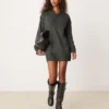 Glamorous Rib V Neck Slouchy Jumper Dress In Charcoal Knit For Women