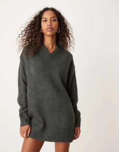 Glamorous Rib V Neck Slouchy Jumper Dress In Charcoal Knit For Women -Glamorous Shop 206726335 3